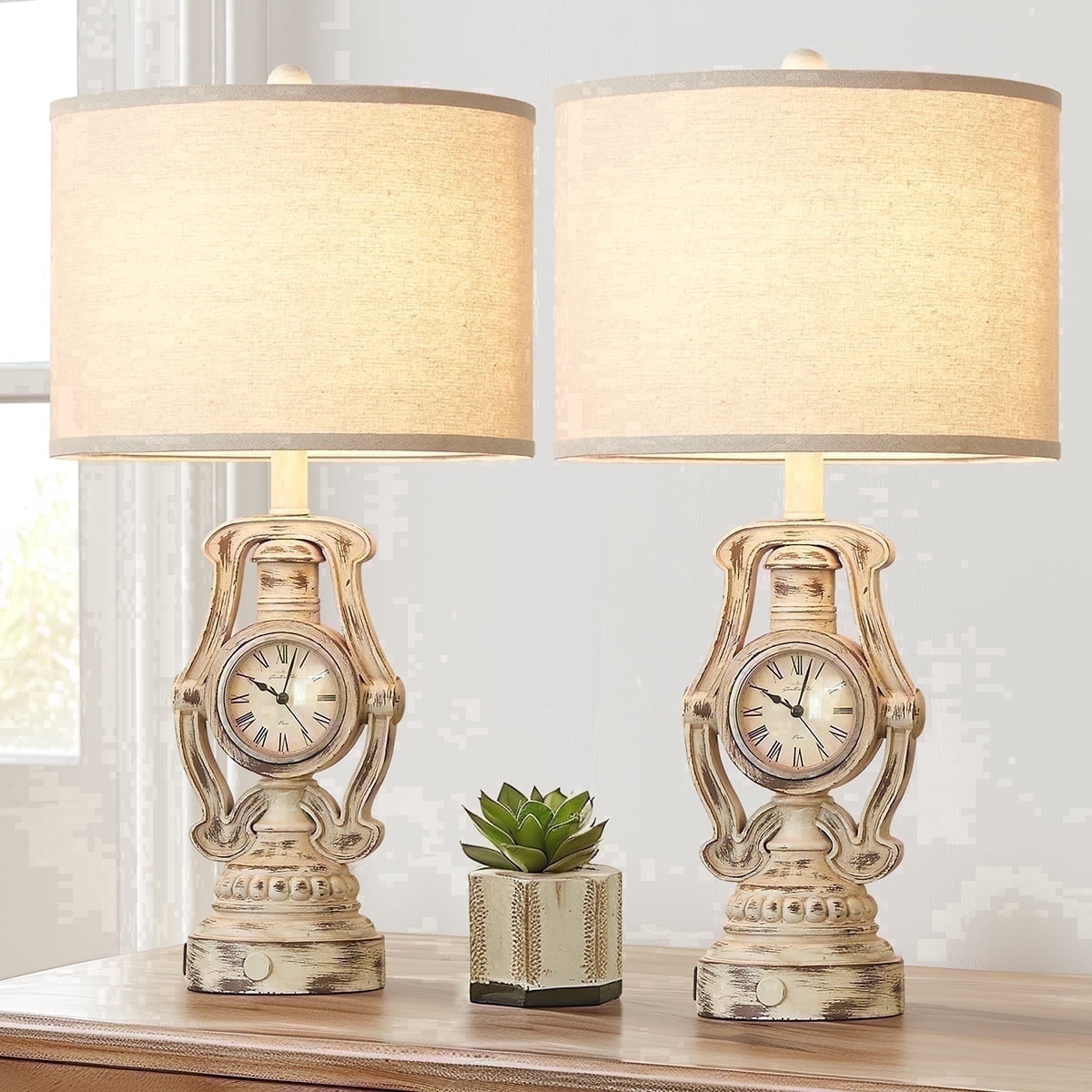 RORIA 25” White Resin Clock Table Lamps Set of 2, Featuring Touch-Controlled Three-Level Dimming and USB-C & A Charging Ports, With a Round Linen Lampshade, Suitable for Living Rooms and Bedrooms