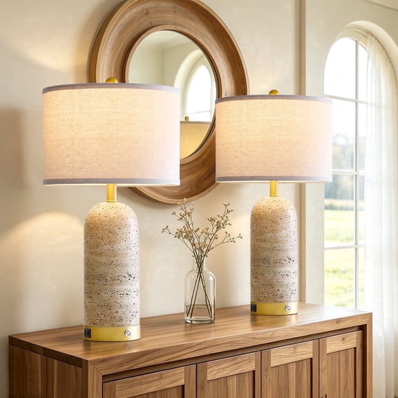 RORIA 25" Modern Resin Table Lamps Set of 2,for Bedrooms and Living Room, Featuring USB-A&C Charging Ports,Touch-Control 3-Level Dimming Bedside Lamp