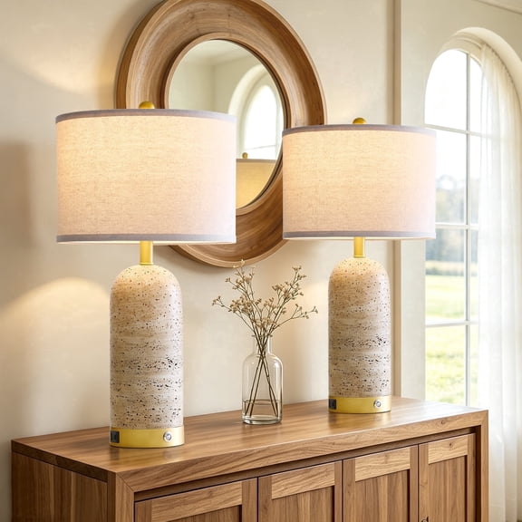 RORIA 25" Modern Resin Table Lamps Set of 2,for Bedrooms and Living Room, Featuring USB-A&C Charging Ports,Touch-Control 3-Level Dimming Bedside Lamp