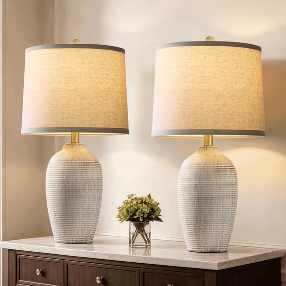 RORIA 25" White Ceramic Table Lamps Set of 2, Rustic-Style Bedside Lamps,With Round Linen Shades, for Bedrooms, Living Room, and Offices.