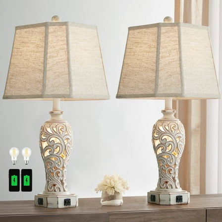 RORIA 25"  Living Room Table Lamp Set of 2, Hollow Resin Farmhouse Rustic Bedside Lamp with 2 USB Charging Ports and Night Light, Perfect for Bedroom Nightstands