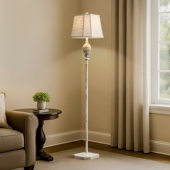 RORIA 65" Living Room Floor Lamp with Night Light, Openwork Resin Vintage Farmhouse Standing Lamp with Octagonal Linen Shade, Suitable for Bedrooms and Offices (Beige)