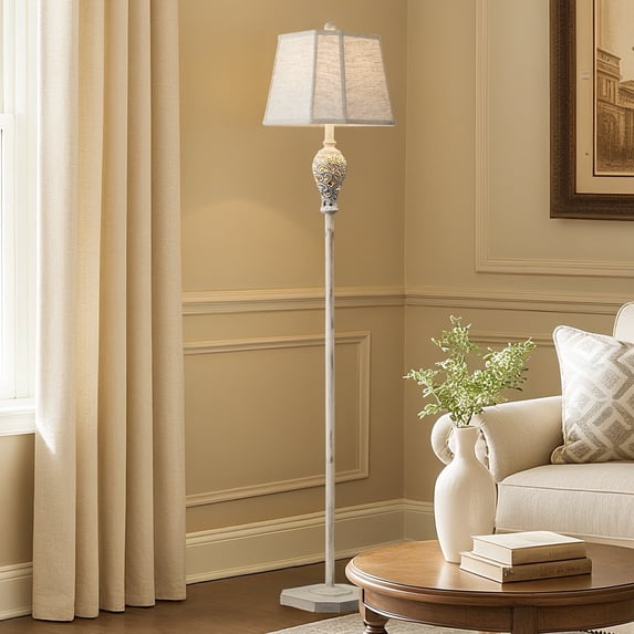 RORIA 65" Living Room Floor Lamp with Night Light, Openwork Resin Vintage Farmhouse Standing Lamp with Octagonal Linen Shade, Suitable for Bedrooms and Offices (Beige)