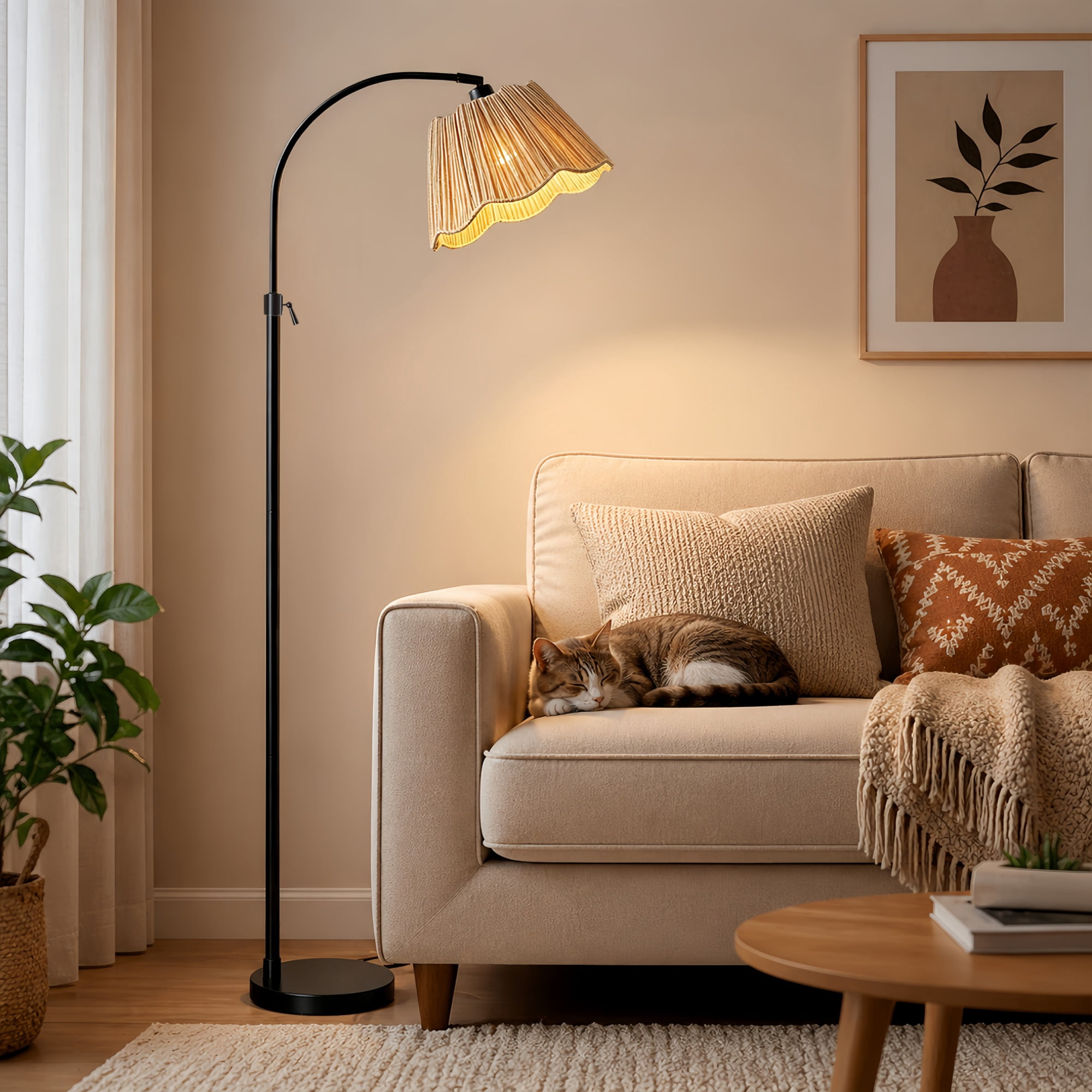 RORIA Adjustable Arc Floor Lamp with Paper-Woven Shade, Black Metal Standing Lamp with Foot Switch, 54-64” Height Adjustable, for Living Room Bedroom Office.