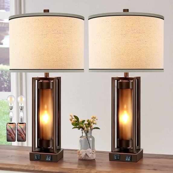 RORIA 25”Farmhouse Table Lamps Set of 2, with 2 USB Charging Ports, Vintage Rustic with Amber Glass Night Light for End Table Entry Bedroom Nightstand Lamps
