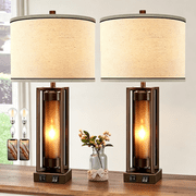RORIA 25 Farmhouse-Style Table Lamps Set of 2, with 2 USB Charging Ports, Vintage Country Style, Featuring Amber Glass Night Lights, for Living Room Side Tables, Entryways, and Bedroom Nightstands