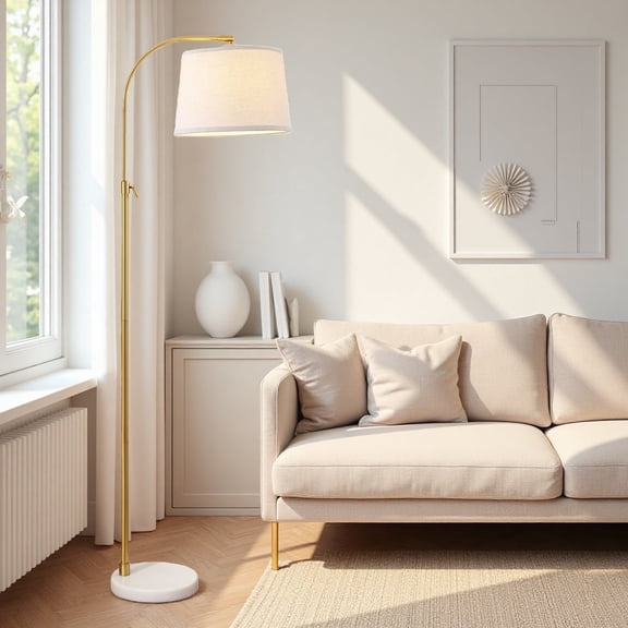 RORIA Gold Floor Lamp for Living Room, 54“-64”Height Adjustable, Modern Standing Lamp with Linen Shade, Suitable for Bedroom, Office, or Reading Room