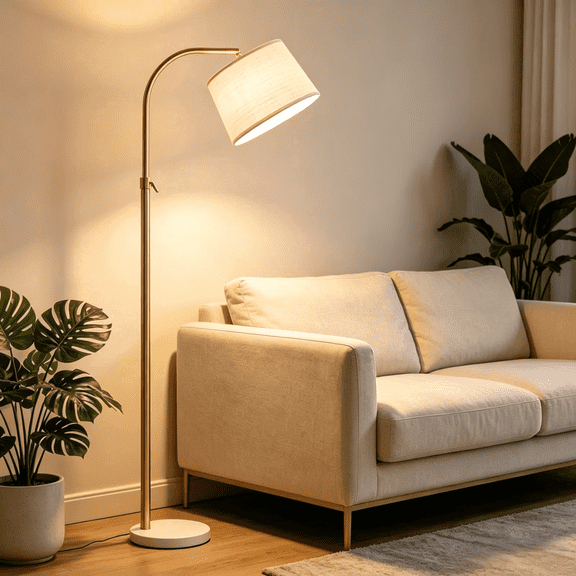 RORIA Modern Gold Floor Lamp,54-64” Height Adjustable Curved Standing Lamp,With a Linen Shade, Suitable for Bedrooms,Living Rooms, and Offices