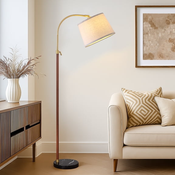 RORIA Rustic Farmhouse Living Room Floor Lamp 54“-64”Height Adjustable Walnut-Tone Modern Curved Floor Lamp with Linen Shade Ideal for Bedrooms, Offices, or Sofa Sides