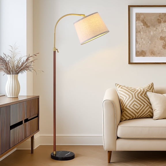 RORIA Rustic Farmhouse Living Room Floor Lamp 54“-64”Height Adjustable Walnut-Tone Modern Curved Floor Lamp with Linen Shade Ideal for Bedrooms, Offices, or Sofa Sides