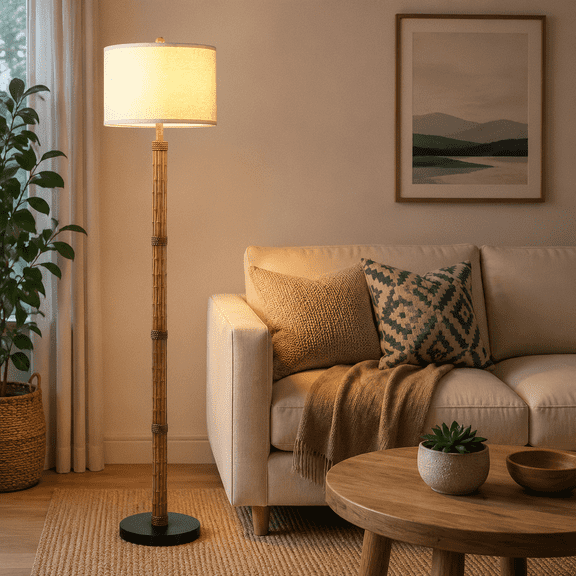 RORIA 63" Bamboo Stripe Floor Lamp, Modern Farmhouse Style Standing Lamp Featuring a Knob Switch and a Linen Shade, Suitable for Living Rooms, Bedrooms, and Offices
