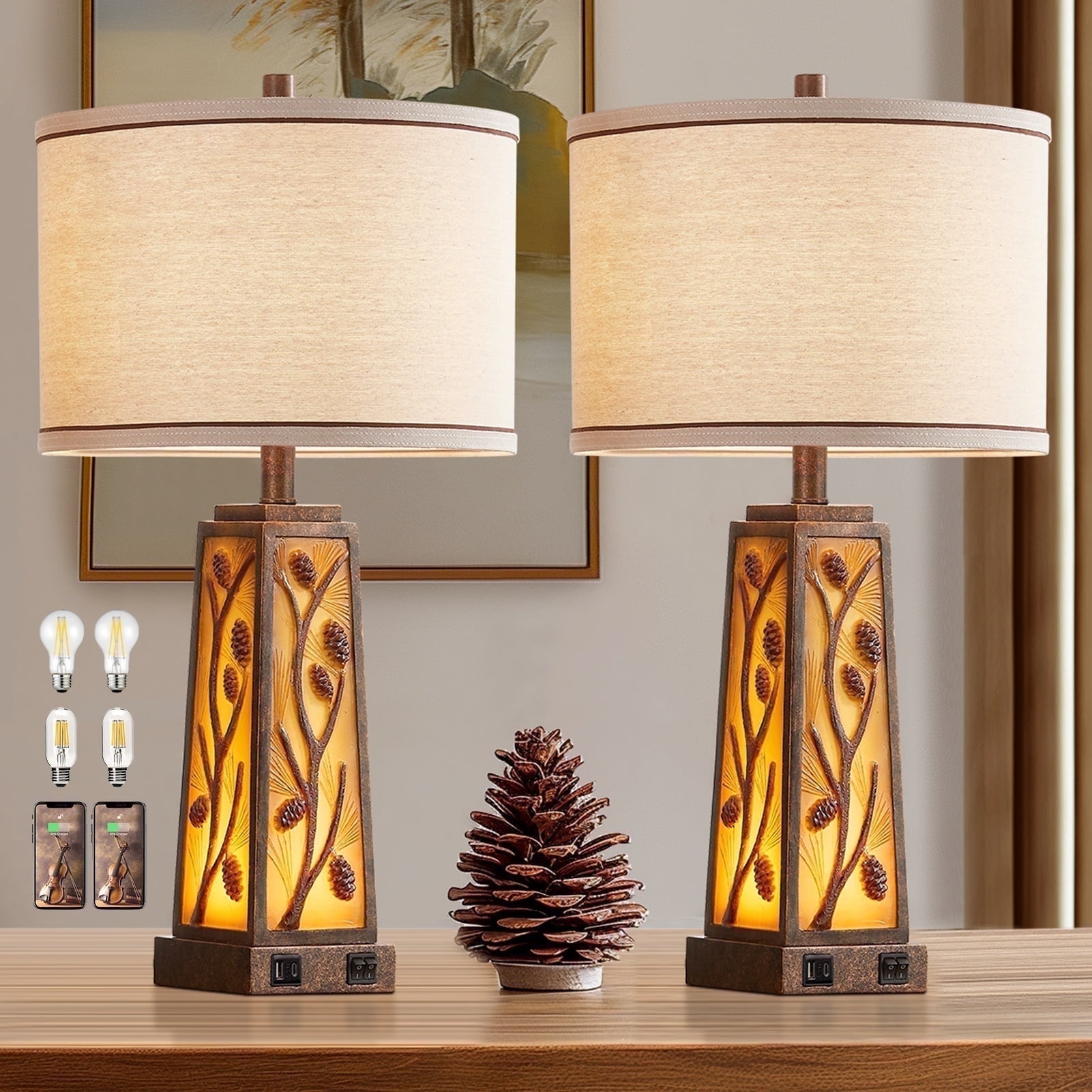 RORIA 25” Living Room Table Lamp Set of 2 with dual USB charging ports and night light, modern farmhouse style, amber resin base, beige lampshade, perfect for use as a bedroom bedside lamp - Walmart.com