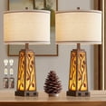 thumbnail image 1 of RORIA 25” Living Room Table Lamp Set of 2 with dual USB charging ports and night light, modern farmhouse style, amber resin base, beige lampshade, perfect for use as a bedroom bedside lamp, 1 of 10
