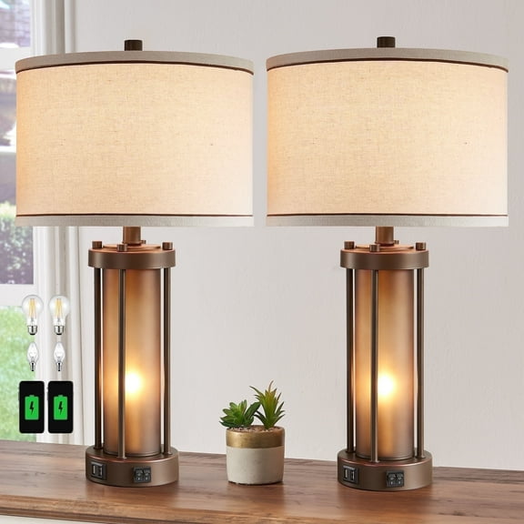 RORIA Rustic Farmhouse Table Lamp 24” 2-Piece Set Dual USB Charging Ports with Night Light Glass Antique Bronze Beige Shade for Living Room Bedroom Nightstand
