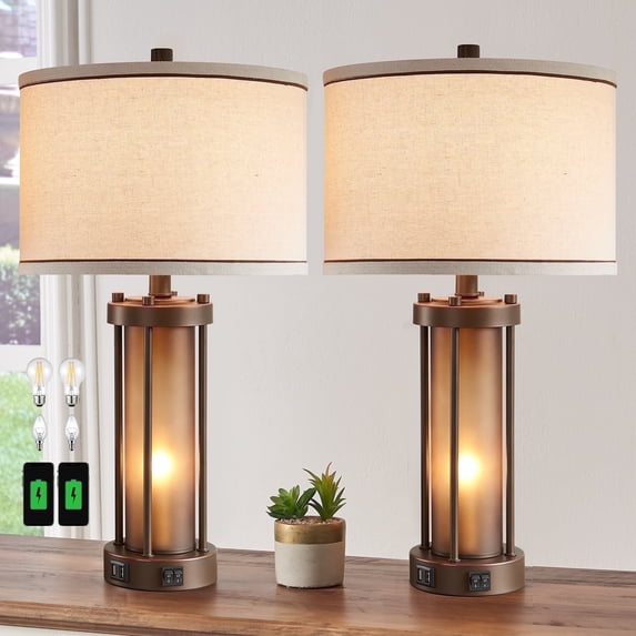 RORIA 24”Living Room Table Lamps Set of 2, Modern Farmhouse Style, Features Dual USB C&A Charging Ports and Night Light, Suitable for Bedrooms and Bedside Tables