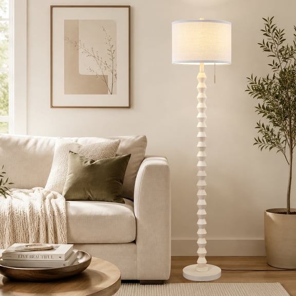 RORIA White Solid Wood Floor Lamp, 65” Modern-Style Standing Lamp, Featuring a Round Linen Shade and a Zip-Pull Switch, for Living Room, Bedrooms, and Offices.
