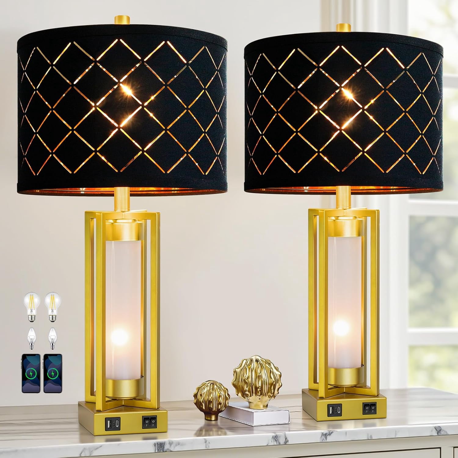 RORIANO Set of 2 Modern Table Lamps for Living Room Bedroom with USB C ...