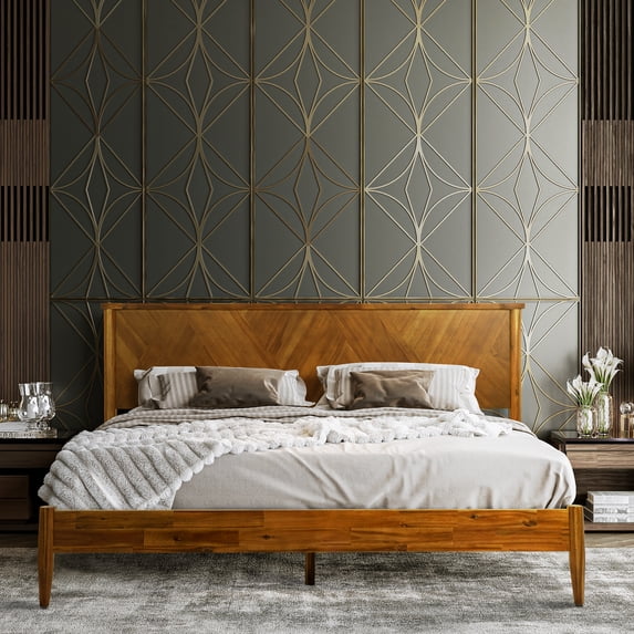 RORNS Panthera Solid Wood Platform Bedframe With Headboard - Queen - Caramel
