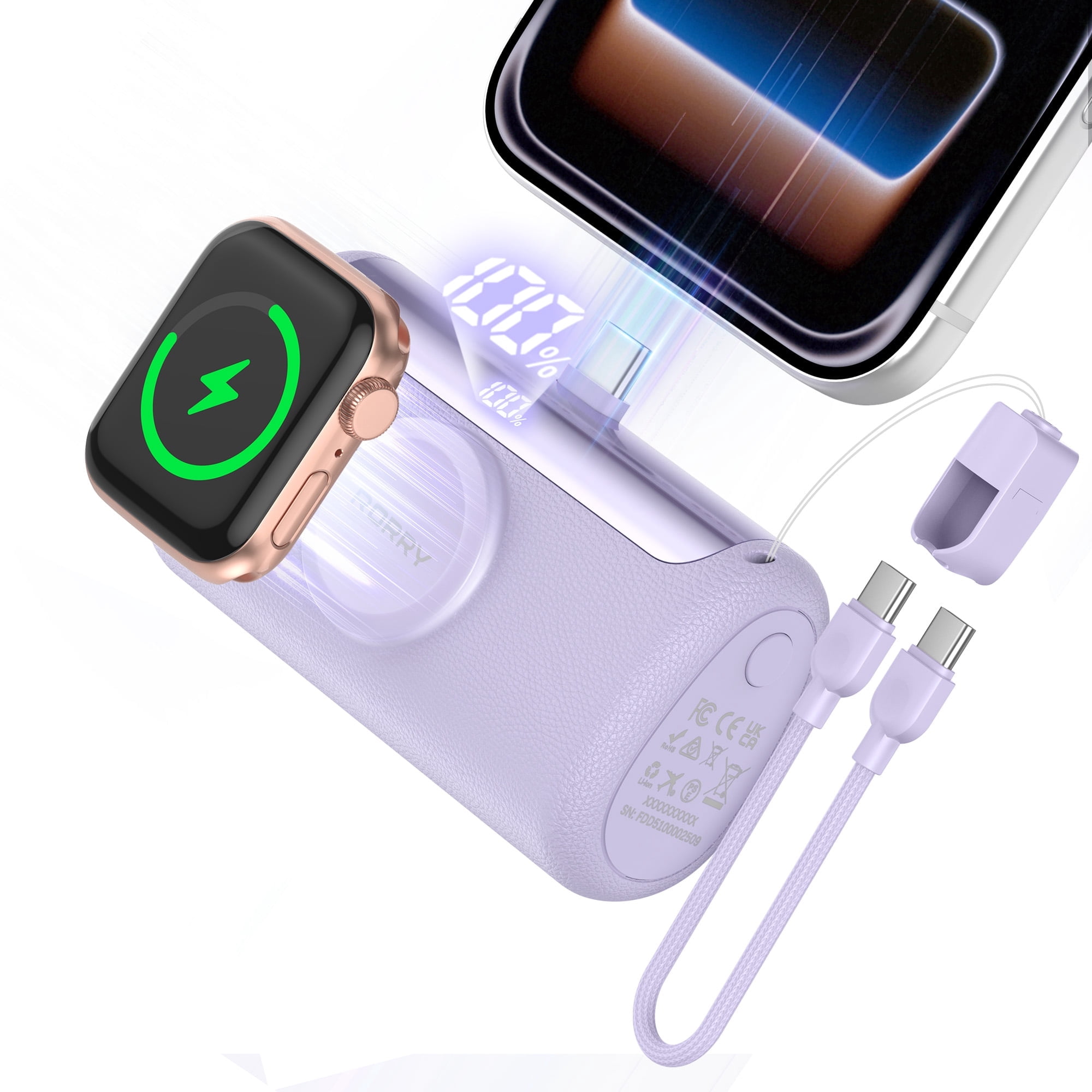 RORRY 10000mAh Portable Charger, 22.5W PD Fast Charging Power Bank with Built-in USB-C Cable, Mini Apple Watch & Phone Charger for iPhone 17/16/15, AirPod, Samsung– Purple