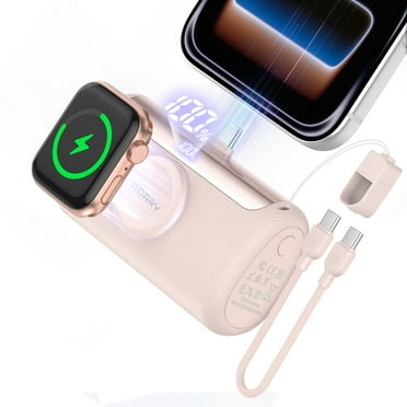 RORRY 10000mAh Portable Charger, 22.5W PD Fast Charging Power Bank with Built-in USB-C Cable, Mini Apple Watch & Phone Charger for iPhone 17/16/15, AirPod, Samsung– Pink