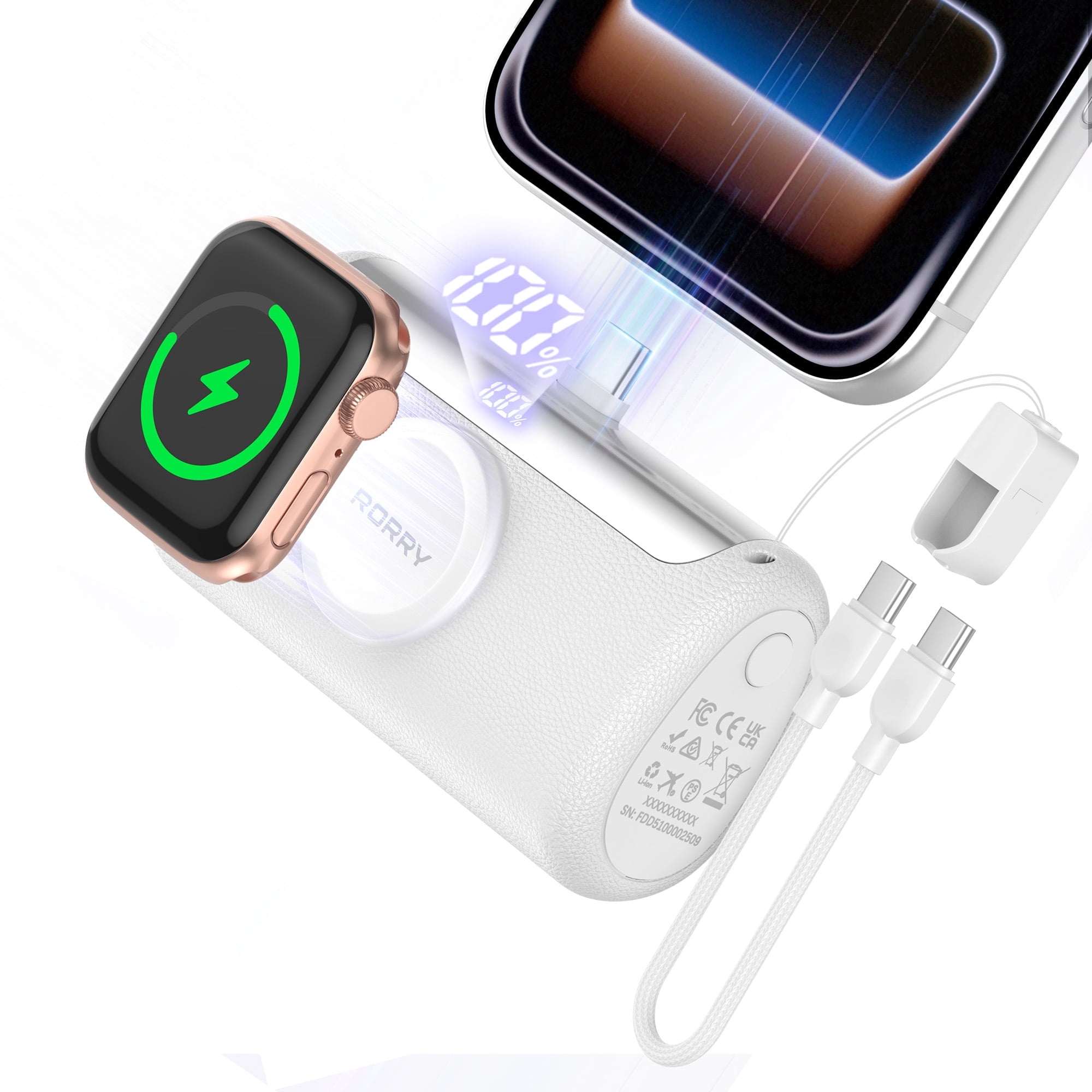 RORRY 10000mAh Portable Charger, 22.5W PD Fast Charging Power Bank with Built-in USB-C Cable, Mini Apple Watch & Phone Charger for iPhone 17/16/15, AirPod, Samsung– White