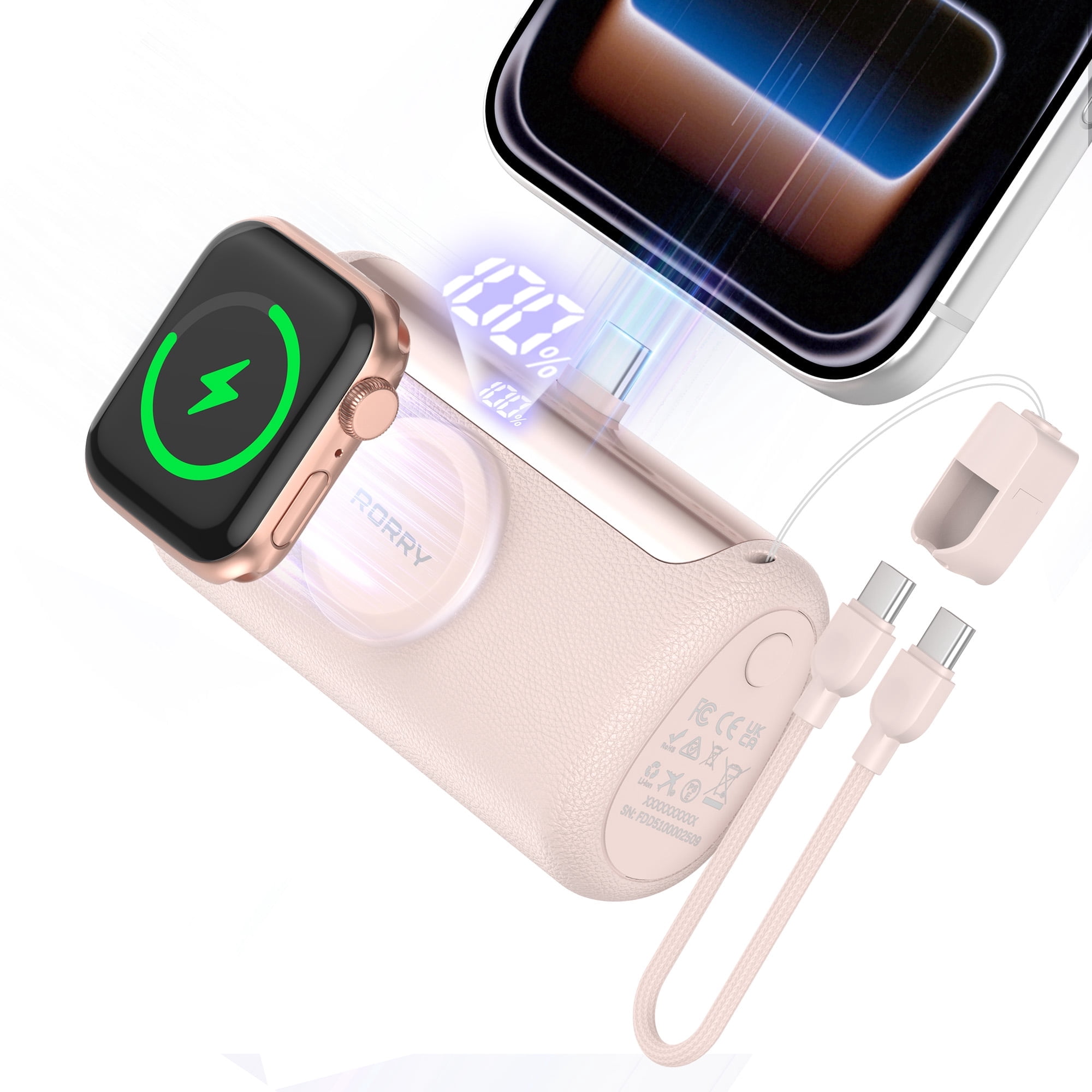 RORRY 10000mAh Portable Charger, 22.5W PD Fast Charging Power Bank with Built-in USB-C Cable, Mini Apple Watch & Phone Charger for iPhone 17/16/15, AirPod, Samsung– Pink