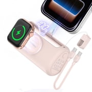 RORRY 10000mAh Portable Charger, 22.5W PD Fast Charging Power Bank with Built-in USB-C Cable, Mini Apple Watch & Phone Charger for iPhone 17/16/15, AirPod, Samsung  Pink