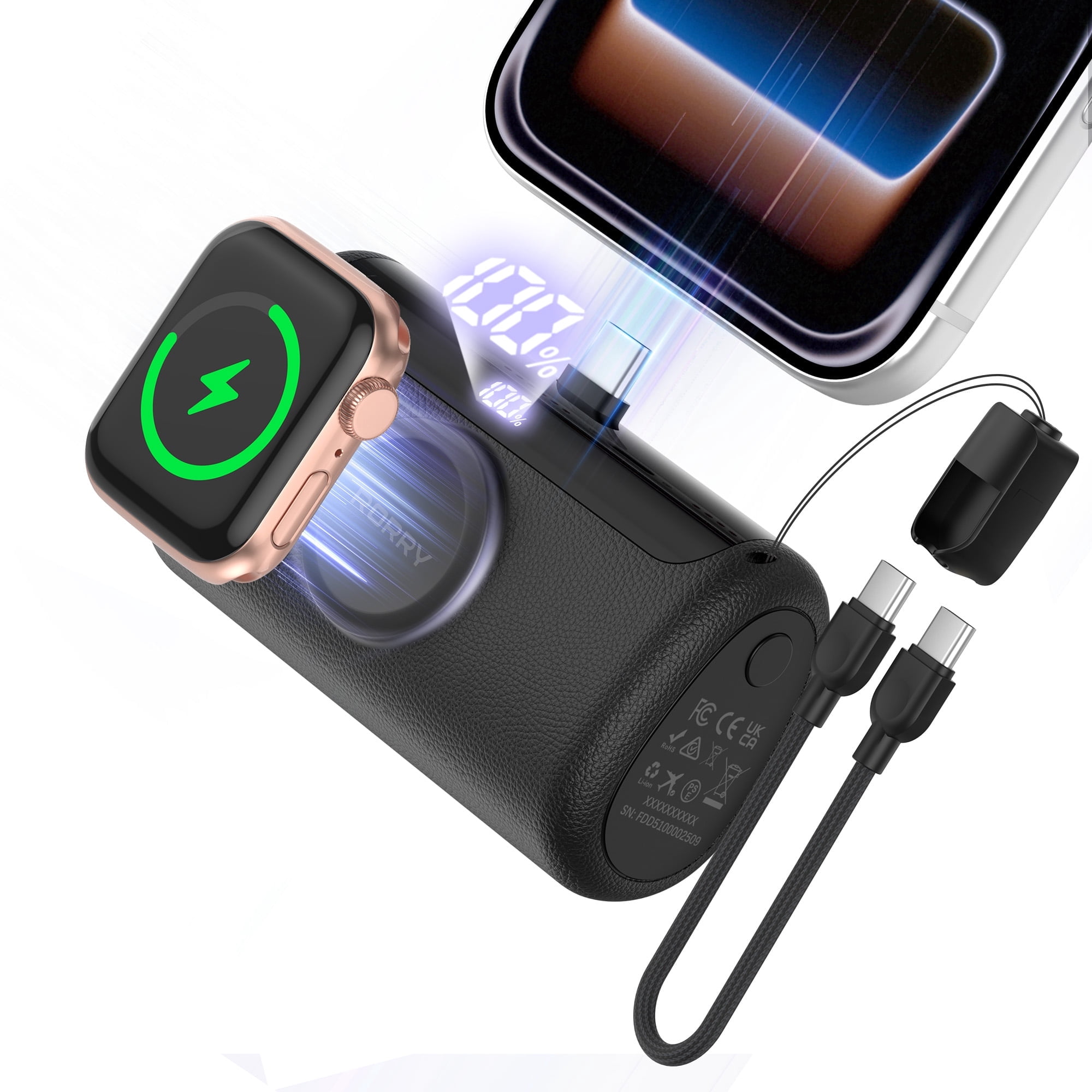 RORRY 10000mAh Portable Charger, 22.5W PD Fast Charging Power Bank with Built-in USB-C Cable, Mini Apple Watch & Phone Charger for iPhone 17/16/15, AirPod, Samsung– Black