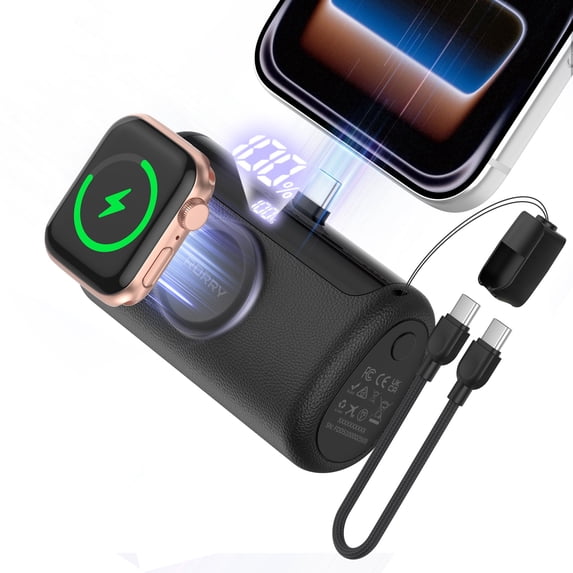 RORRY 10000mAh Portable Charger, 22.5W PD Fast Charging Power Bank with Built-in USB-C Cable, Mini Apple Watch & Phone Charger for iPhone 17/16/15, AirPod, Samsung– Black