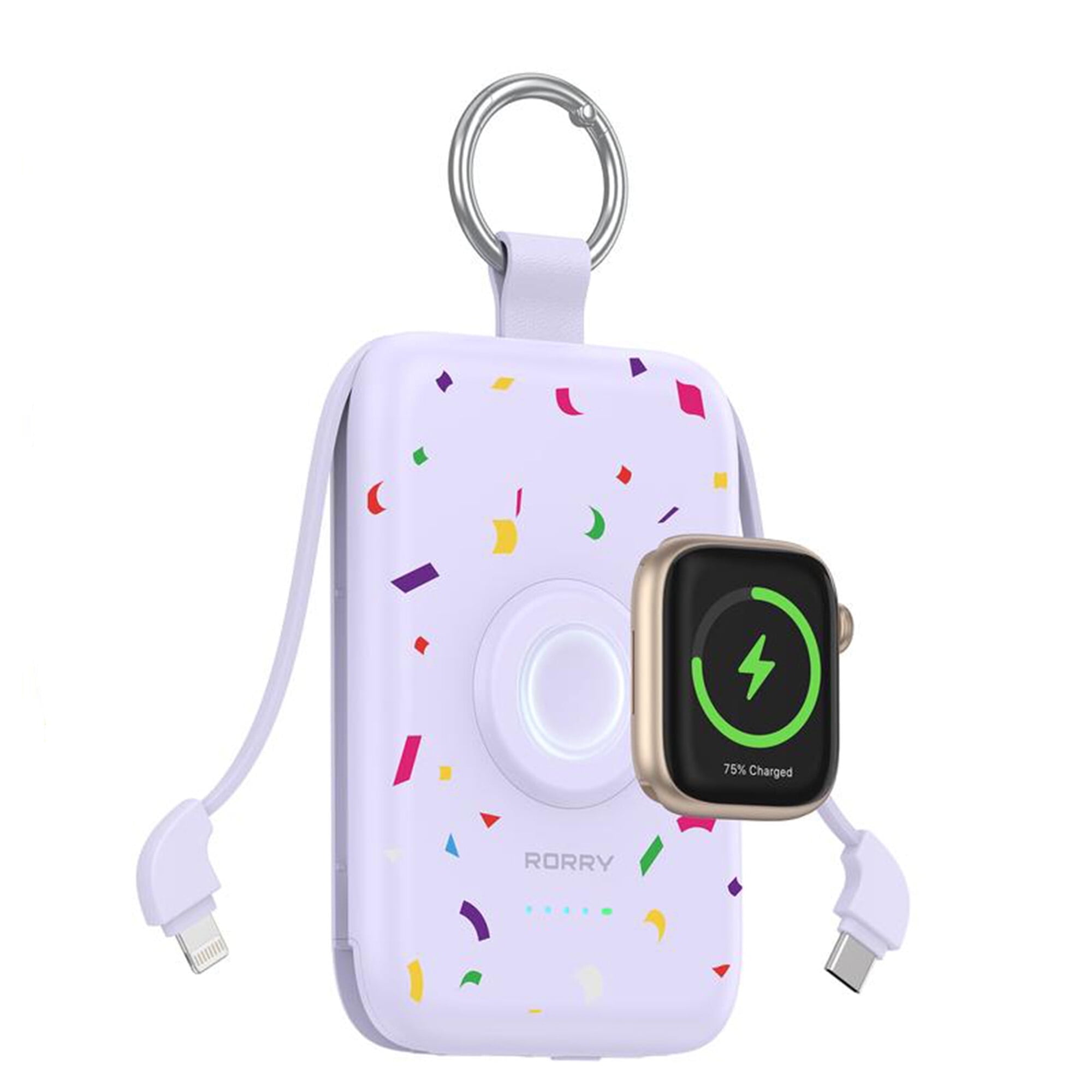 RORRY 10000mAh Portable Charger with Built-in Cables, 20W Fast Charging Portable Charger Power Bank Compatible with iPhone 17/16/15/14, Apple Watch,Samsung & Android Phones,Confetti-Purple