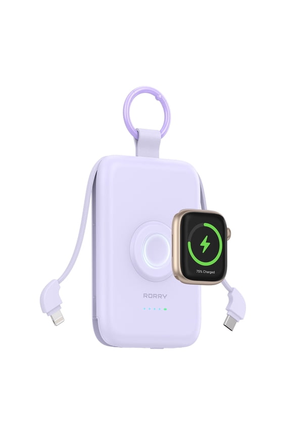 Open Box RORRY 10000mAh Portable Charger with Built-in Cables, 20W Fast Charging Power Bank Compatible with iPhone 17/16/15/14, Apple Watch,Samsung & Android Phones,Purple with Purple Keychain