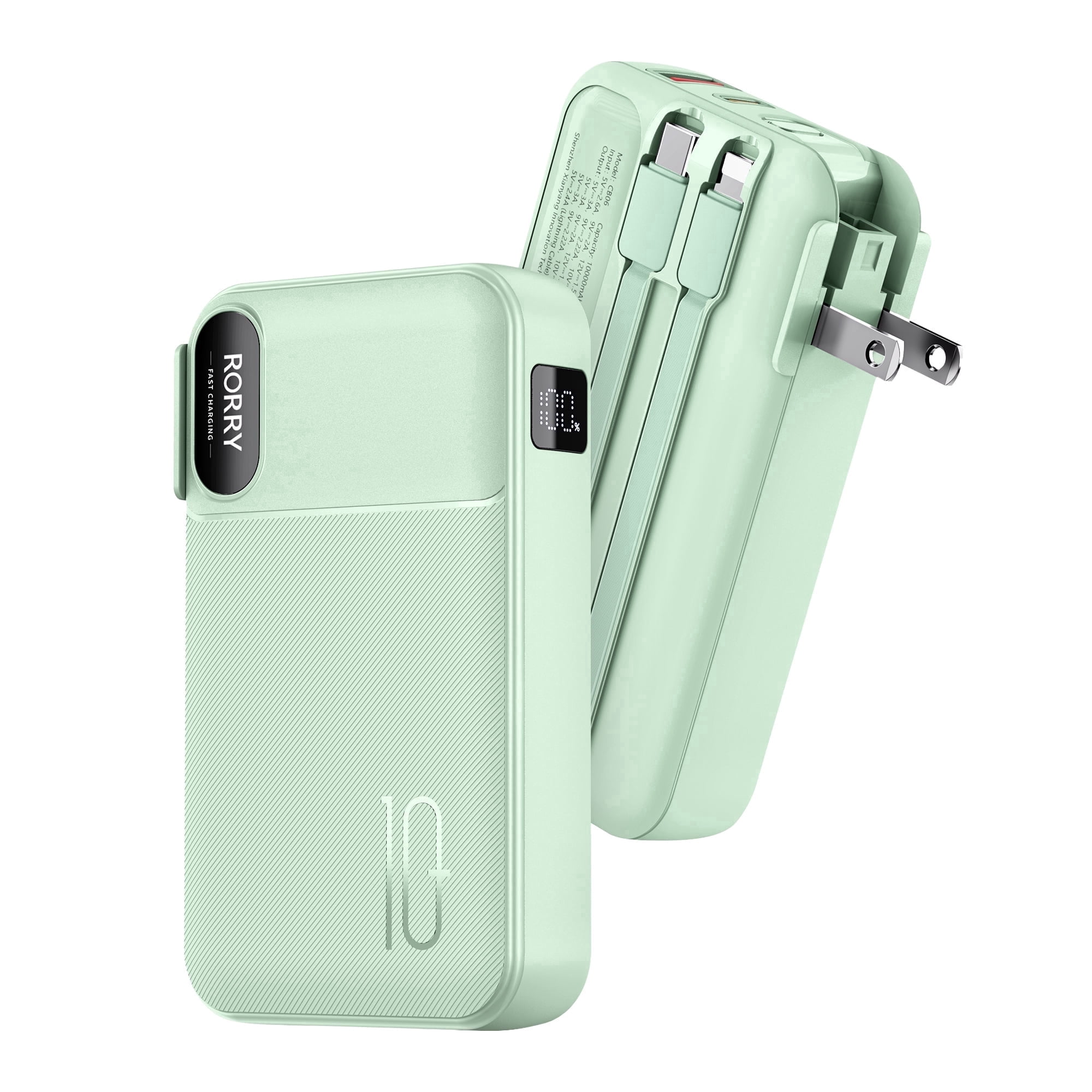 RORRY Portable Charger with Built-in Cables 10000mAh and AC Wall Plug , 22.5W Fast Charging Power Bank for iPhone 17/16/15, Samsung Galaxy , Pixel, iPad – Green