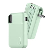 RORRY Portable Charger with Built-in Cables 10000mAh and AC Wall Plug , 22.5W Fast Charging Power Bank for iPhone 17/16/15, Samsung Galaxy , Pixel, iPad – Green