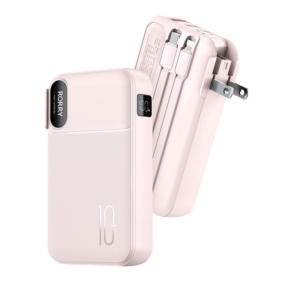 RORRY Portable Charger with Built-in Cables 10000mAh and AC Wall Plug , 22.5W Fast Charging Power Bank for iPhone 17/16/15, Samsung Galaxy , Pixel, iPad – Pink