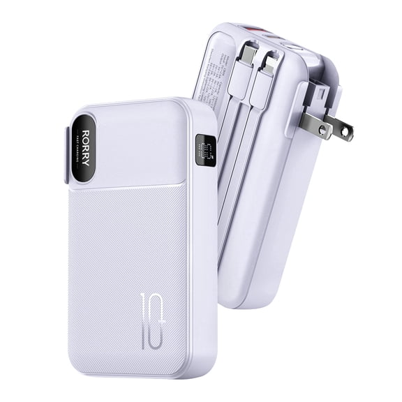 RORRY Portable Charger with Built-in Cables 10000mAh and AC Wall Plug , 22.5W Fast Charging Power Bank for iPhone 17/16/15, Samsung Galaxy , Pixel, iPad – Purple