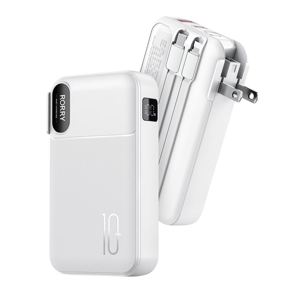 RORRY Portable Charger with Built-in Cables 10000mAh and AC Wall Plug , 22.5W Fast Charging Power Bank for iPhone 17/16/15, Samsung Galaxy , Pixel, iPad – White