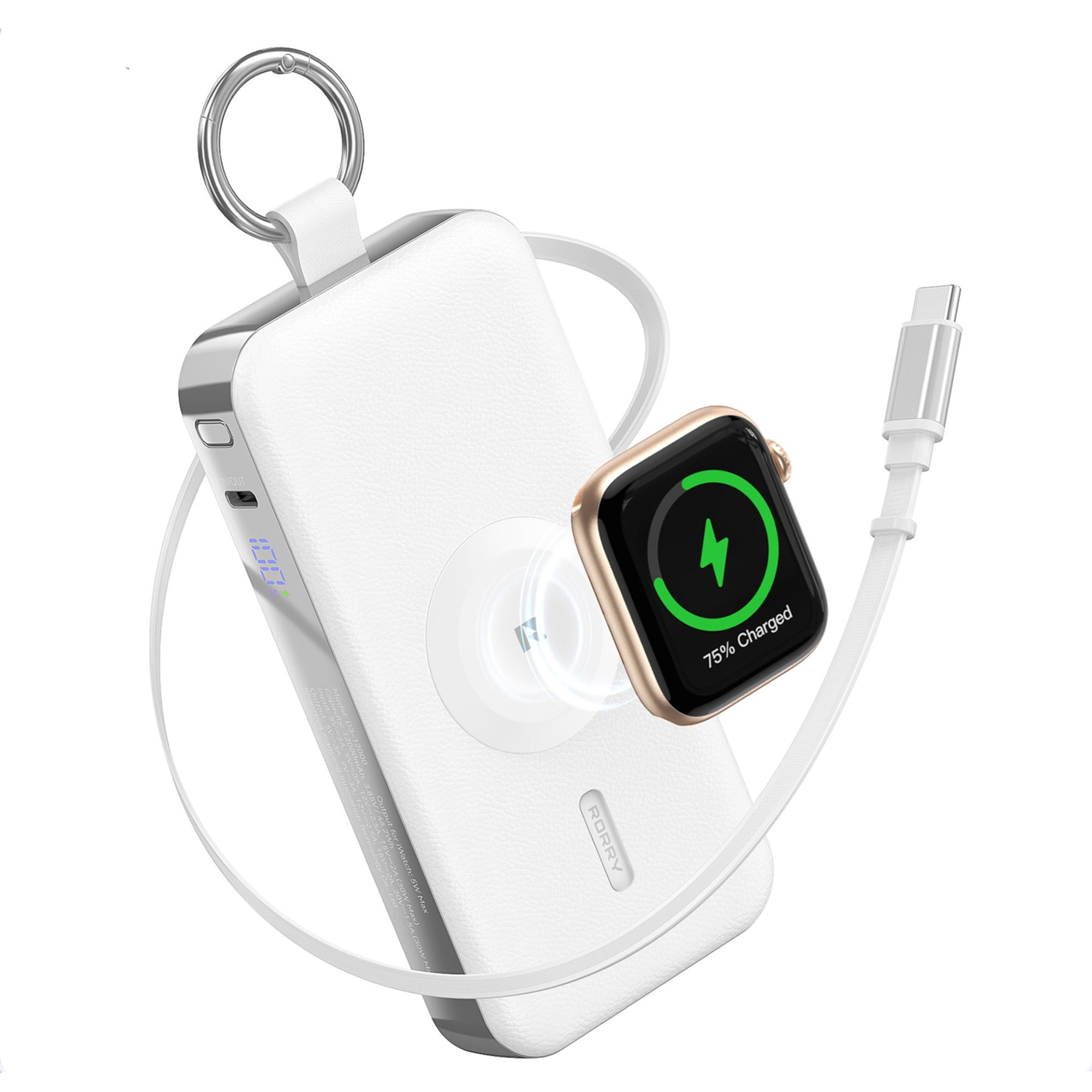 RORRY 12000mAh Portable Charger with USB-C Retractable Cable, Apple Watch Charger, 30W Fast Charging Power Bank for iPhone 17/16/15, Samsung Galaxy, Pixel-White