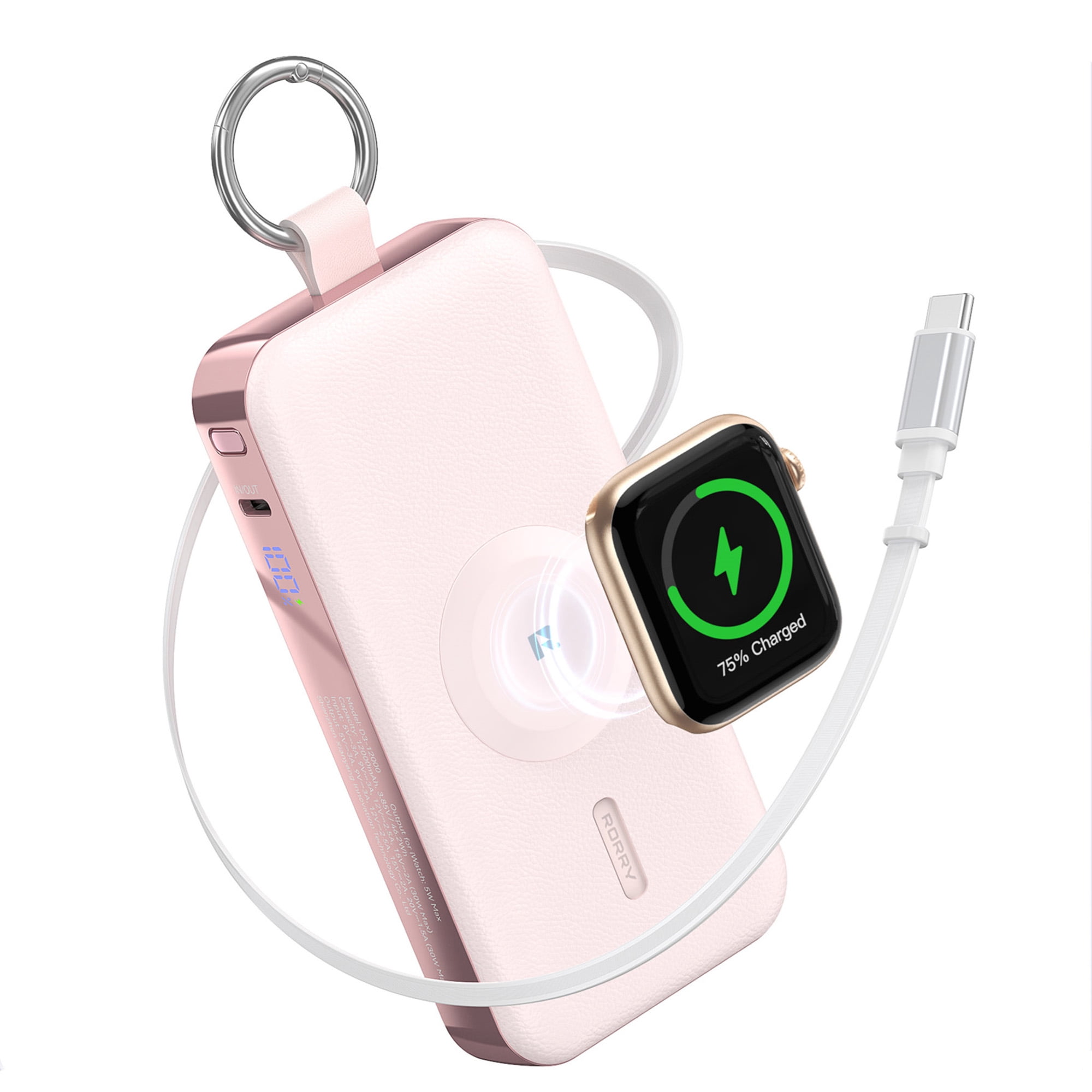 RORRY 12000mAh Portable Charger with USB-C Retractable Cable, Apple Watch Charger, 30W Fast Charging Power Bank for iPhone 17/16/15, Samsung Galaxy, Pixel-Pink