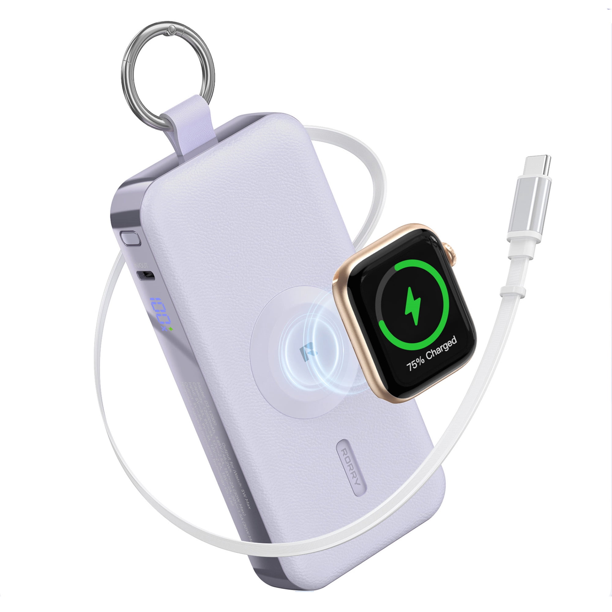 RORRY 12000mAh Portable Charger with USB-C Retractable Cable, Apple Watch Charger, 30W Fast Charging Power Bank for iPhone 17/16/15, Samsung Galaxy, Pixel-Purple
