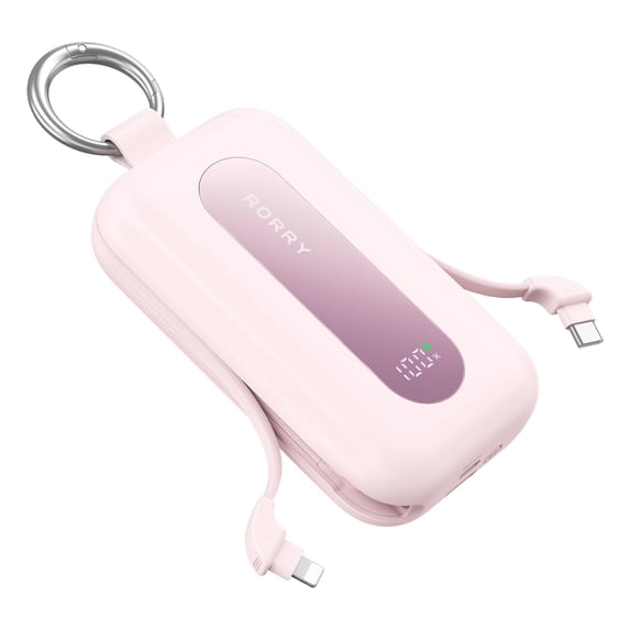RORRY CharmGo Portable Charger, 20000mAh 30W Fast Charging Power Bank with Built-in Cables & Keychain, Travel Portable Battery Pack for iPhone 18/17/16/15/14/13, iPad Air/Pro, AirPods,Pink