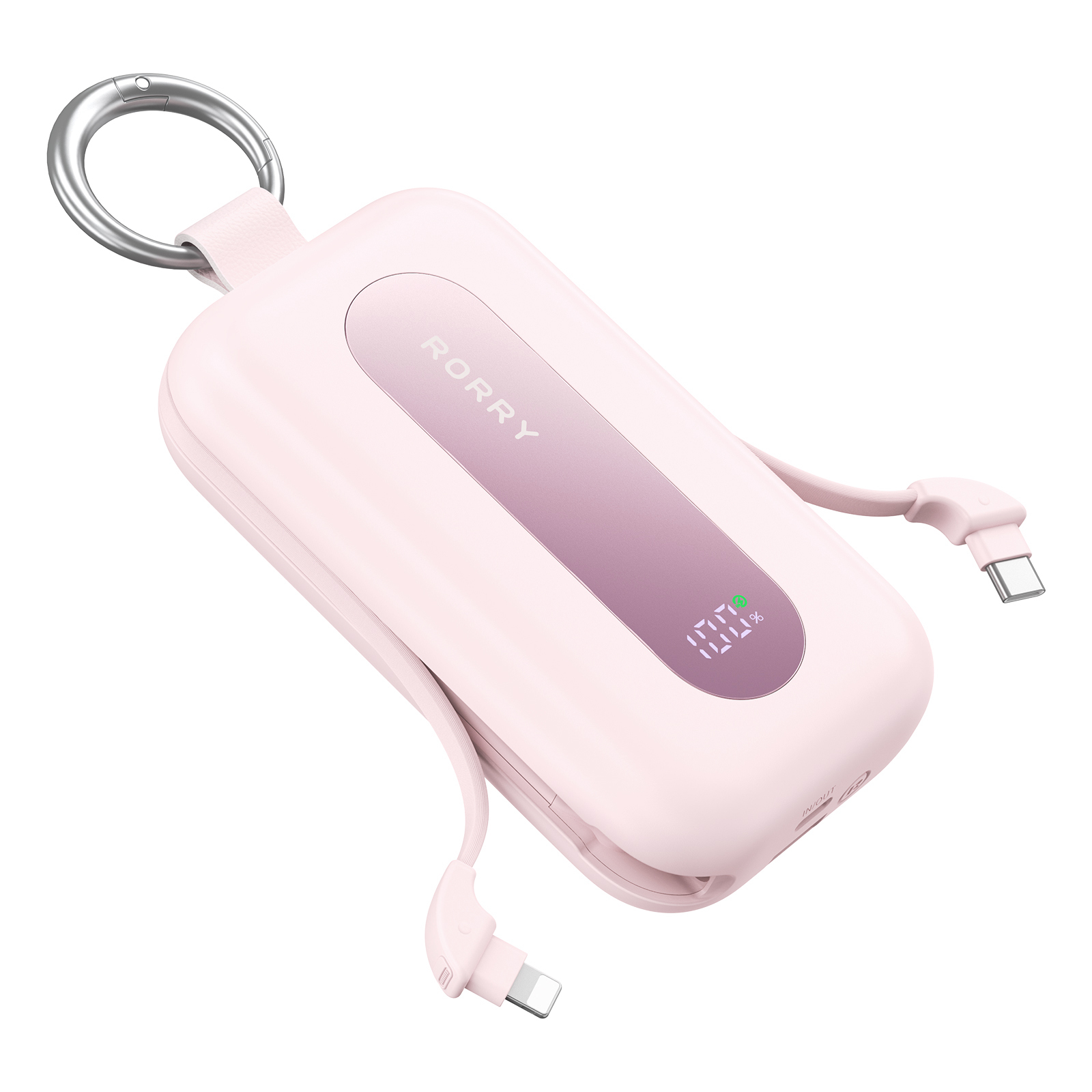 RORRY CharmGo Portable Charger, 20000mAh 30W Fast Charging Power Bank with Built-in Cables & Keychain, Travel Portable Battery Pack for iPhone 18/17/16/15/14/13, iPad Air/Pro, AirPods,Pink