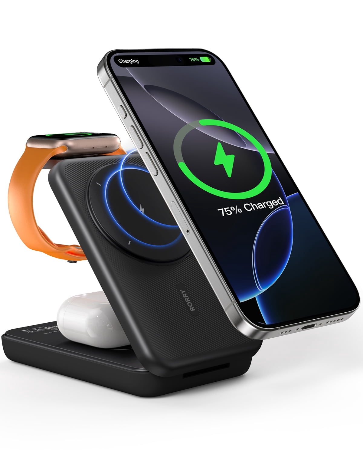 RORRY Magnetic Portable Chrager , 10000mAh Power Bank 3-in-1  Wireless Charger, Foldable Battery Pack for iPhone, Apple Watch, AirPods, Samsung,Black