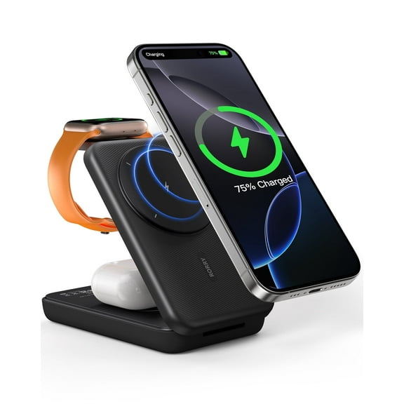 RORRY Magnetic Portable Chrager , 10000mAh Power Bank 3-in-1 Wireless Charger, Foldable Battery Pack for iPhone, Apple Watch, AirPods, Samsung,Black
