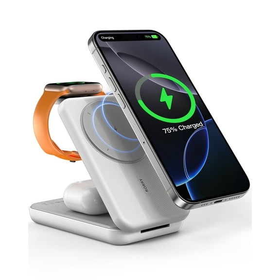 RORRY Magnetic Portable Chrager , 10000mAh Power Bank 3-in-1  Wireless Charger, Foldable Battery Pack for iPhone, Apple Watch,  AirPods, Samsung,White