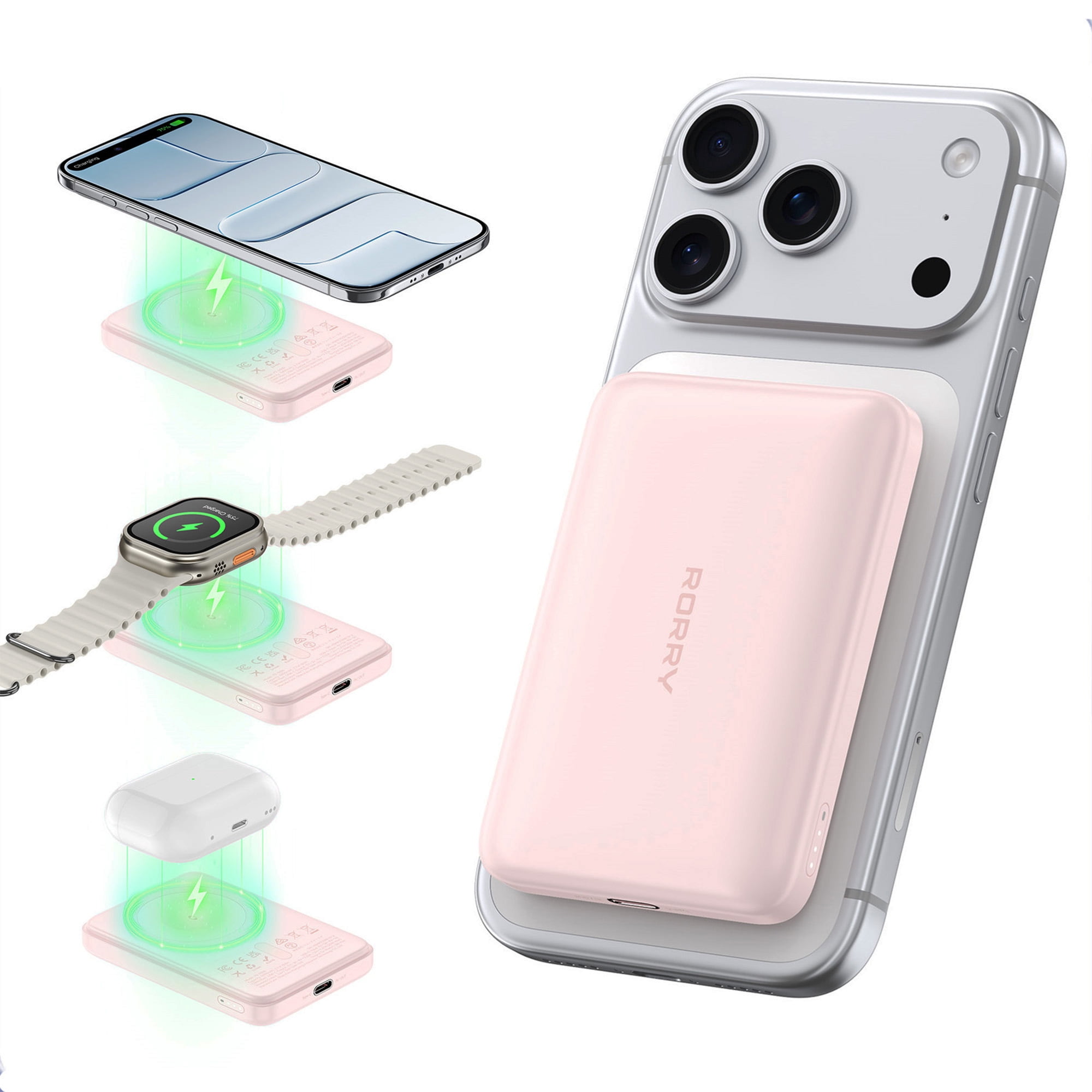 RORRY Magnetic Wireless Protable Charger ,5000mah Power Bank 20W Fast Charging , Portable Battery Pack compatible for iPhone 17/16, Apple Watch Charger, Airpod, Pink
