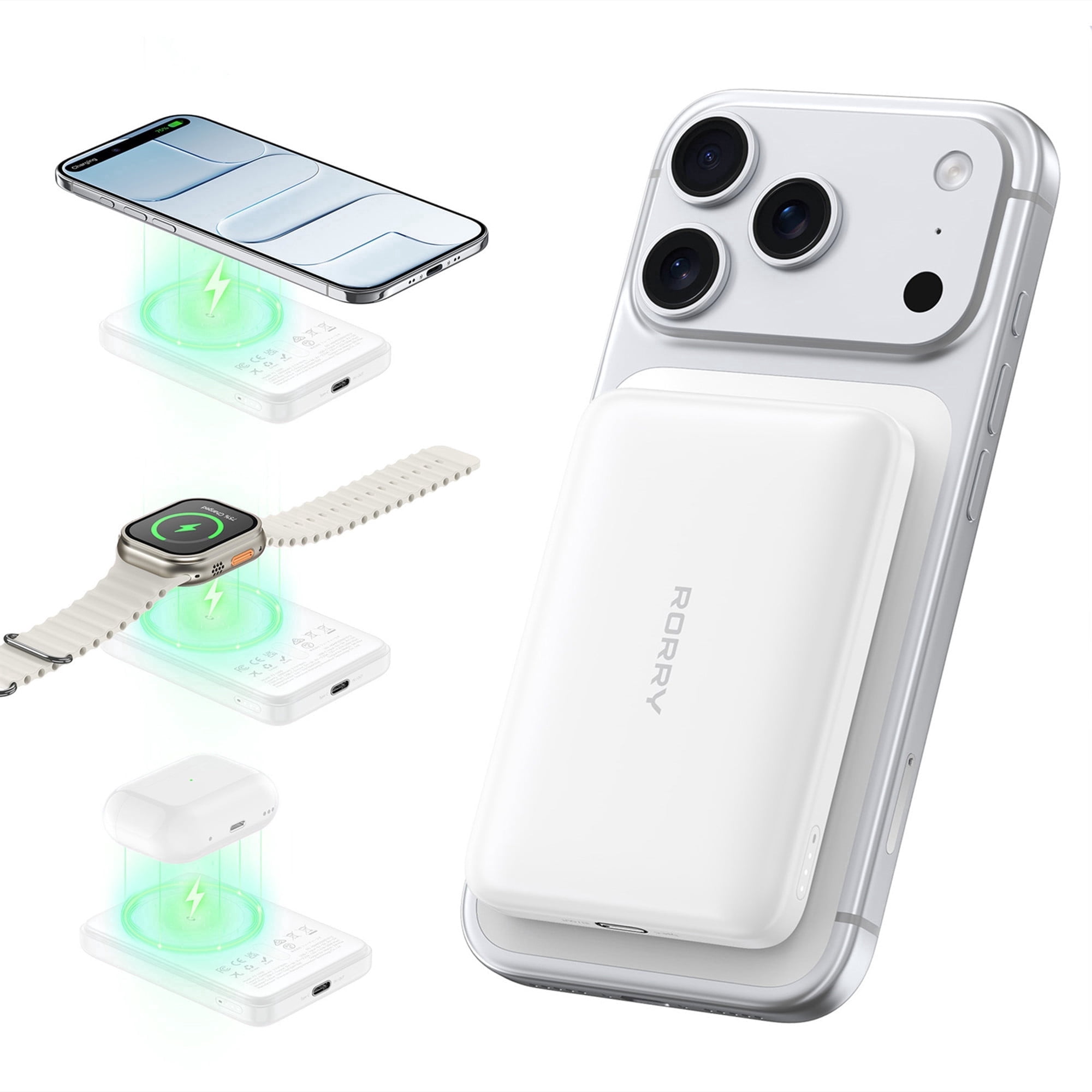RORRY Magnetic Wireless Protable Charger, 5000mah Power Bank 20W Fast Charging , Portable Battery Pack compatible for iPhone 17/16 and Apple Watch Charger, Airpod, White