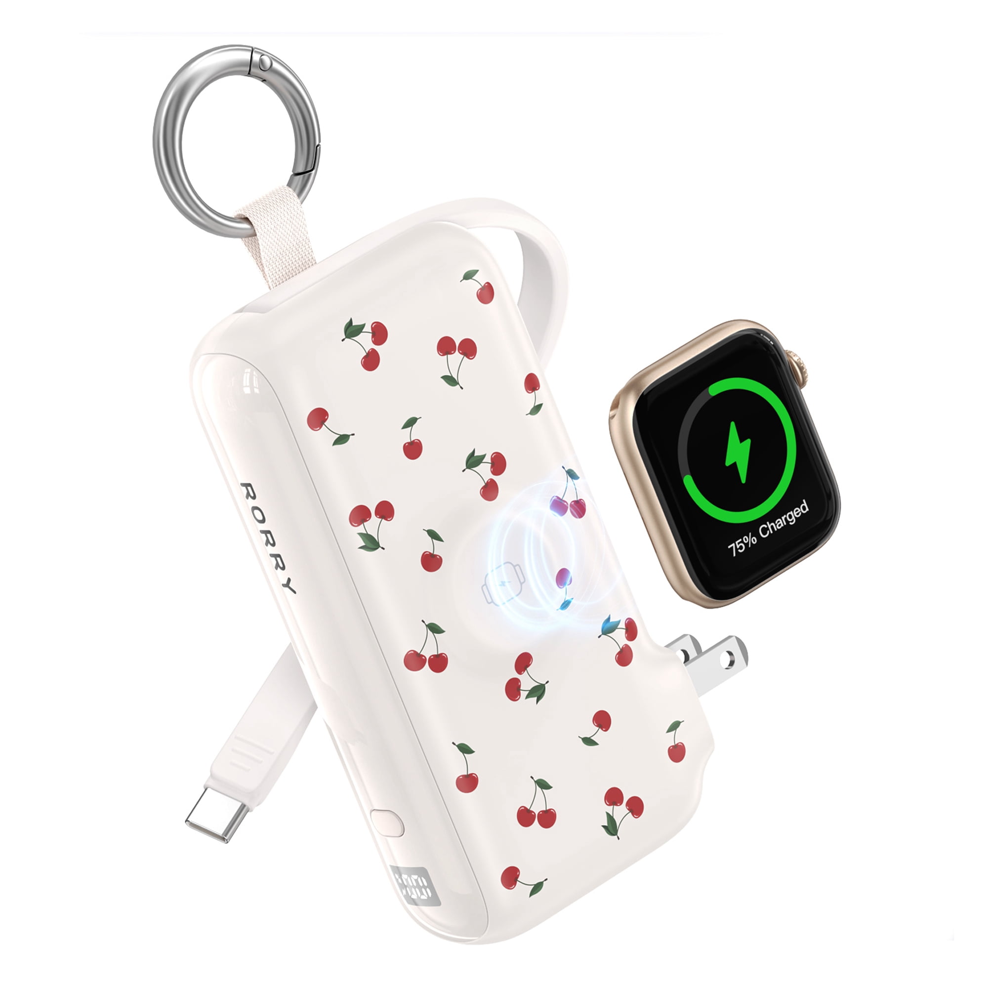 RORRY Flow 10000mAh Portable Charger with Built-in USB-C Cable & Foldable Wall Plug, 40W Fast Charging Power Bank Compatible for iPhone 17/16/15, Apple Watch, iPad, MacBook, Android, Cherry Print