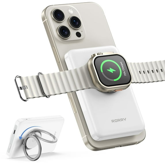 RORRY Magnetic Power Bank for iPhone & Apple Watch, 10000mAh Magsafe Portable Charger with Ring Stand, Fast Wireless Charging, for iPhone 16/15/14/13/12, Apple Watch Ultra/10/9/8/7/6, White