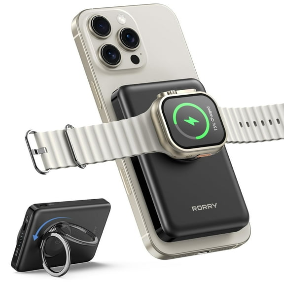 RORRY Magnetic Power Bank for iPhone & Apple Watch, 10000mAh Magsafe Portable Charger with Ring Stand, Fast Wireless Charging, for iPhone 16/15/14/13/12, Apple Watch Ultra/10/9/8/7/6, Black