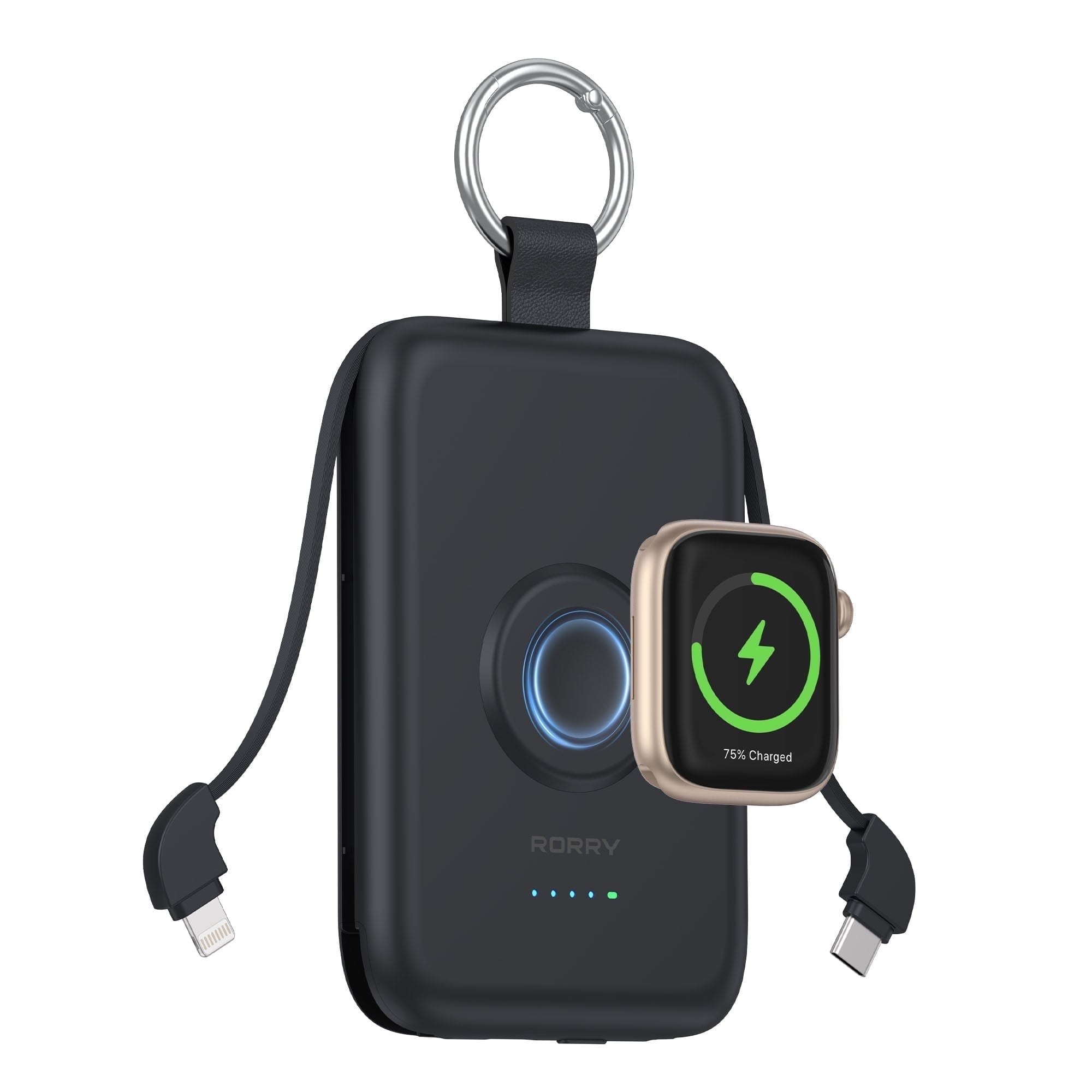 RORRY 10000mAh Portable Charger with Built-in Cables, 20W Fast Charging Portable Charger Power Bank Compatible with iPhone 17/16/15/14, Apple Watch,Samsung & Android Phones,Black